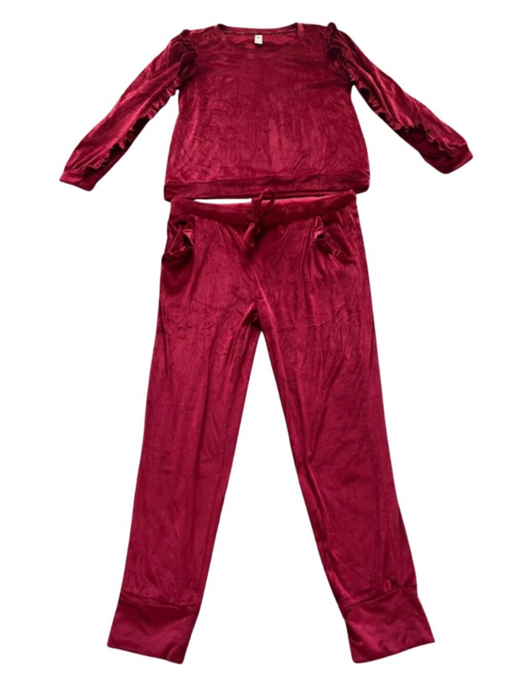 Jessica Simpson Red Velour Ruffle Top and Jogger Bottoms Pajama Lounge Set -Sz L